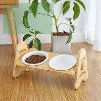 HKM-6930749 Ergonomic Wooden Cat Bowl with Ceramic Double Bowls for Comfortable Feeding