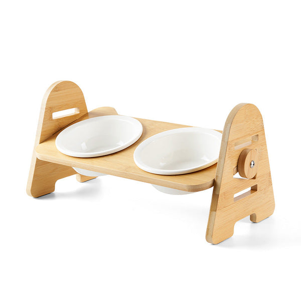 HKM-6930749 Ergonomic Wooden Cat Bowl with Ceramic Double Bowls for Comfortable Feeding
