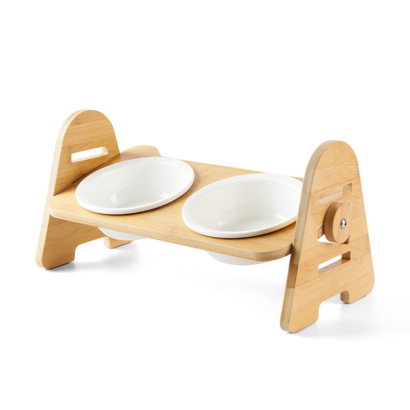 HKM-6930749 Ergonomic Wooden Cat Bowl with Ceramic Double Bowls for Comfortable Feeding