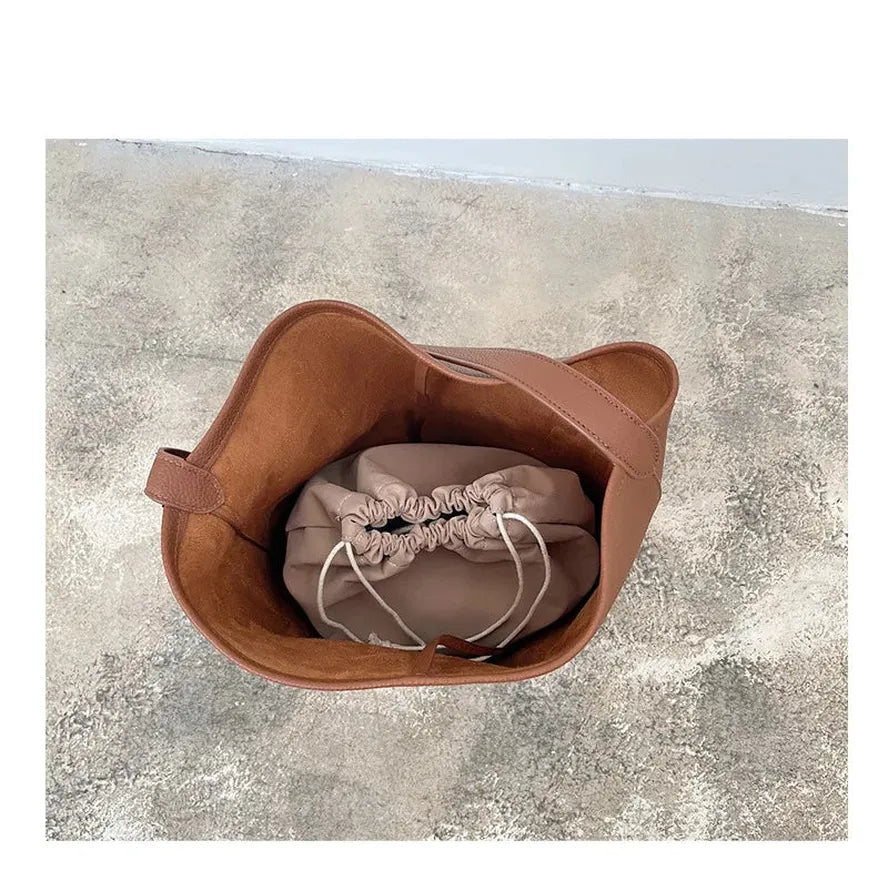 HKM-693587 Leisure Lychee Grain Drawstring Bucket Bag - Large Capacity PU Leather Shoulder Bag