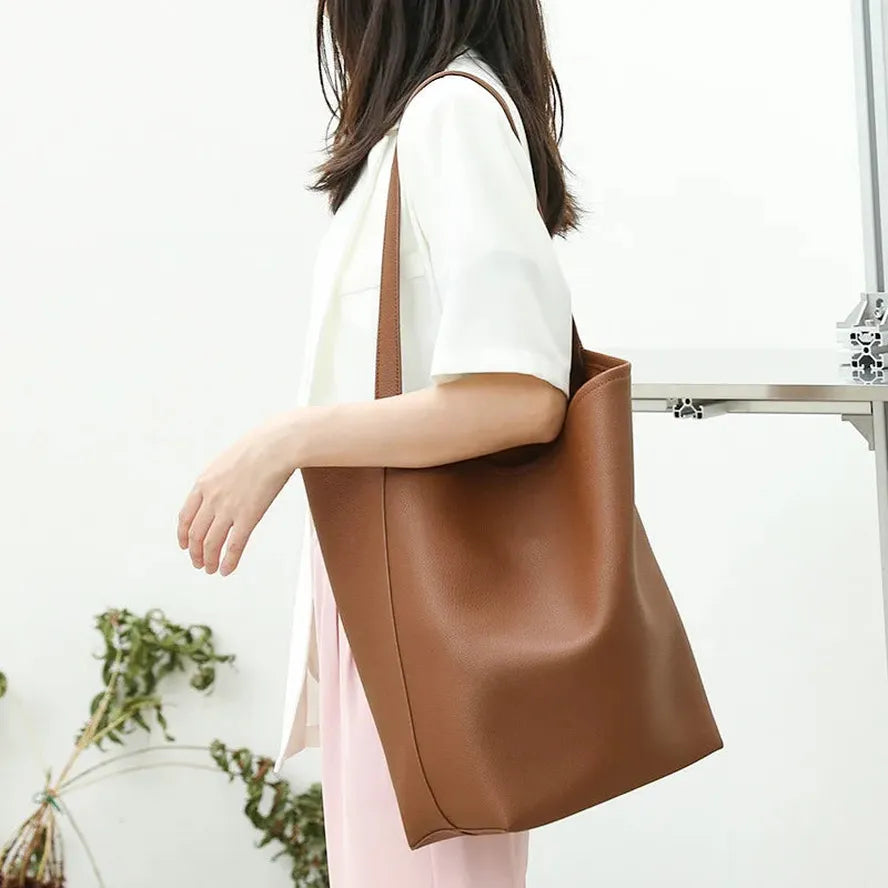 HKM-693587 Leisure Lychee Grain Drawstring Bucket Bag - Large Capacity PU Leather Shoulder Bag