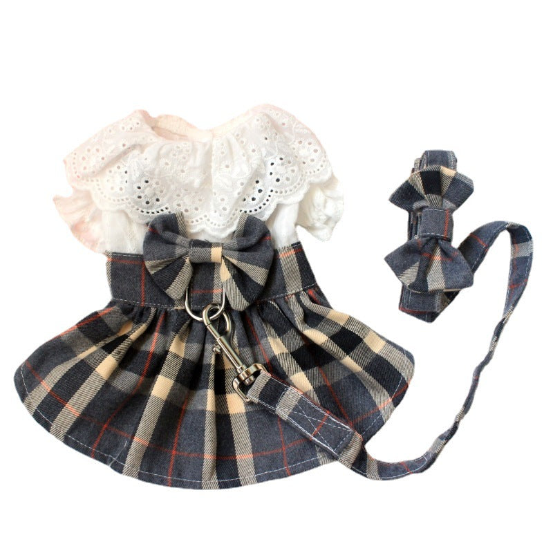 HKM-6935997 Casual Grey Plaid Dog Skirt with Drawstring and Attached Leash