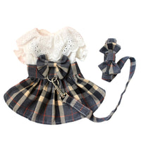 HKM-6935997 Casual Grey Plaid Dog Skirt with Drawstring and Attached Leash