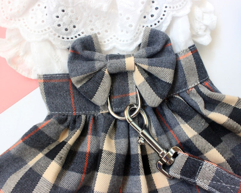HKM-6935997 Casual Grey Plaid Dog Skirt with Drawstring and Attached Leash