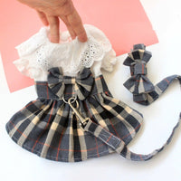 HKM-6935997 Casual Grey Plaid Dog Skirt with Drawstring and Attached Leash