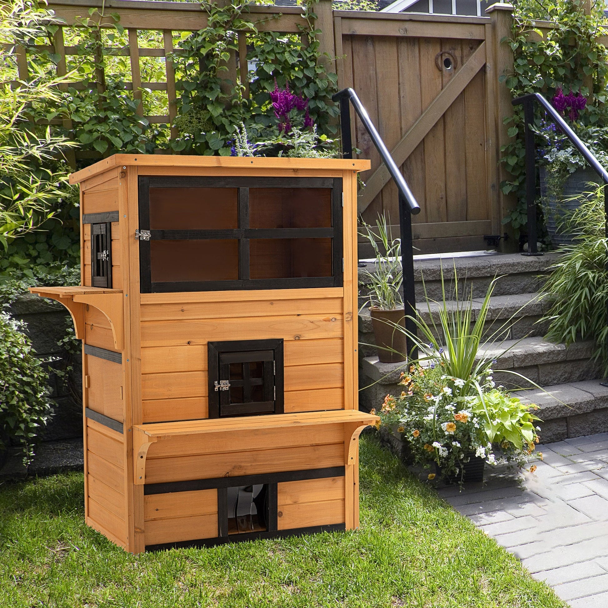 HKM-6936381 3-Tier Outdoor Cat House with Escape Doors, Weather-Resistant Fir Wood Shelter in Yellow and Black