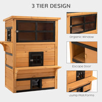 HKM-6936381 3-Tier Outdoor Cat House with Escape Doors, Weather-Resistant Fir Wood Shelter in Yellow and Black