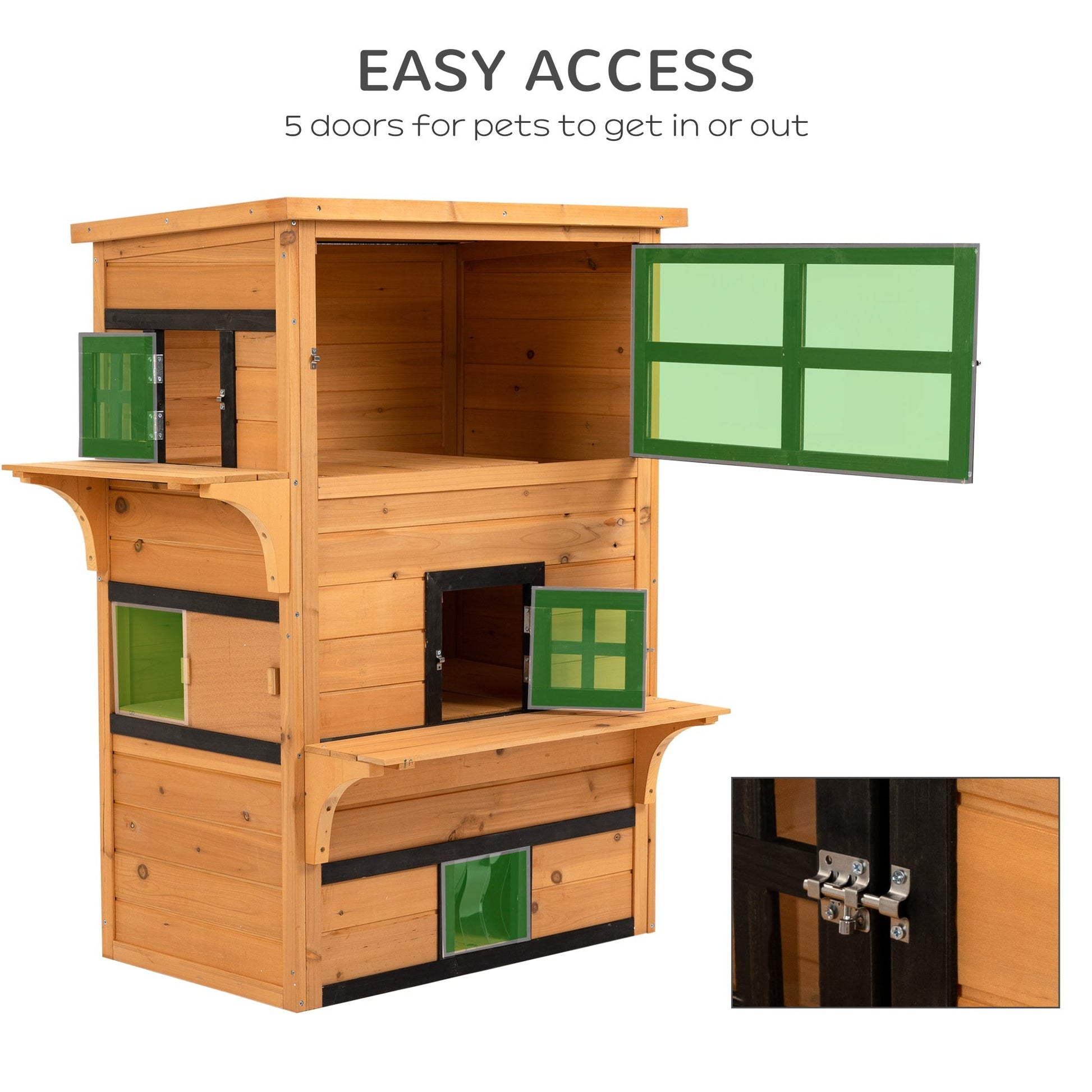 HKM-6936381 3-Tier Outdoor Cat House with Escape Doors, Weather-Resistant Fir Wood Shelter in Yellow and Black