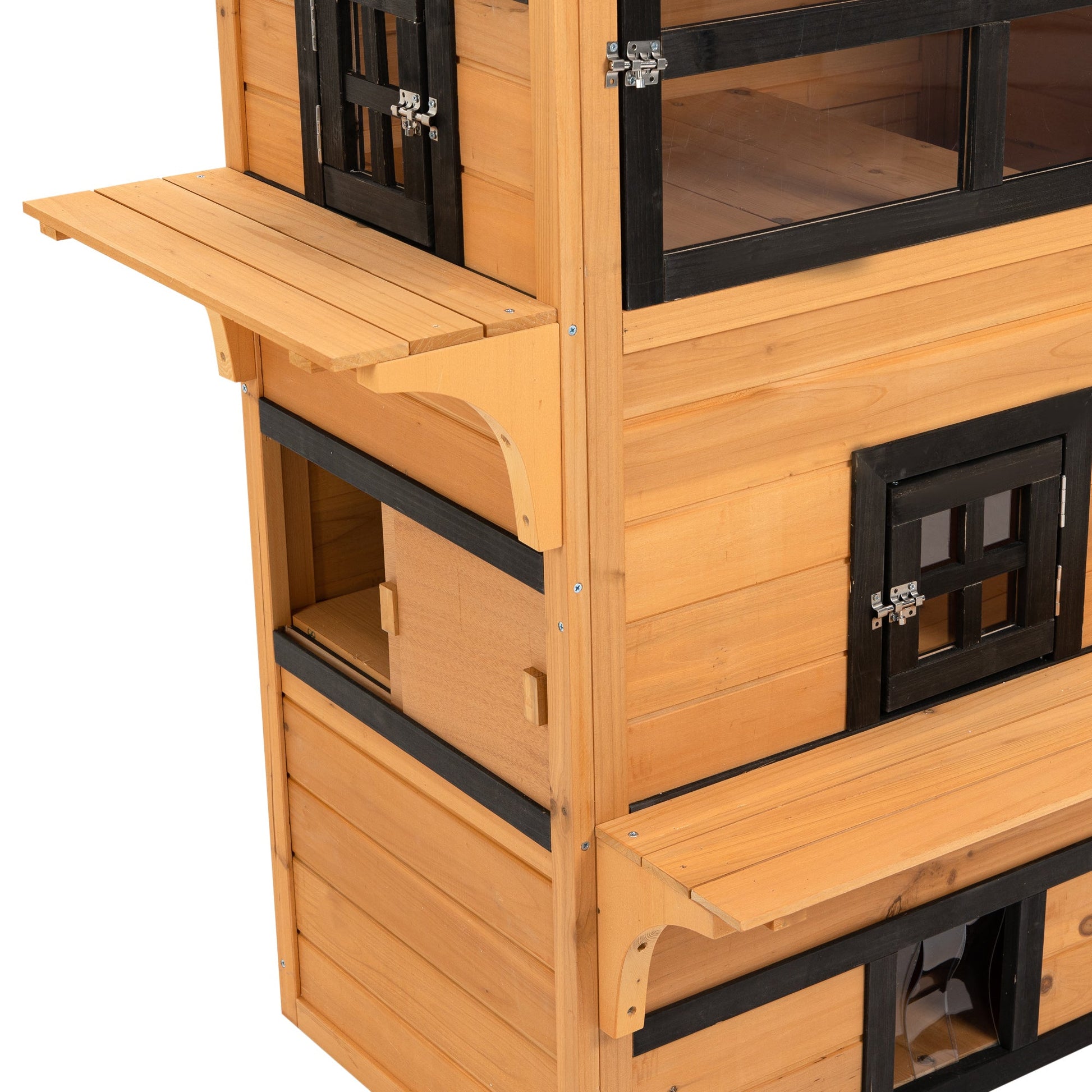 HKM-6936381 3-Tier Outdoor Cat House with Escape Doors, Weather-Resistant Fir Wood Shelter in Yellow and Black
