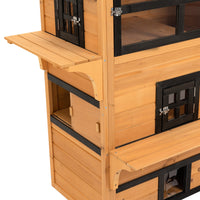 HKM-6936381 3-Tier Outdoor Cat House with Escape Doors, Weather-Resistant Fir Wood Shelter in Yellow and Black