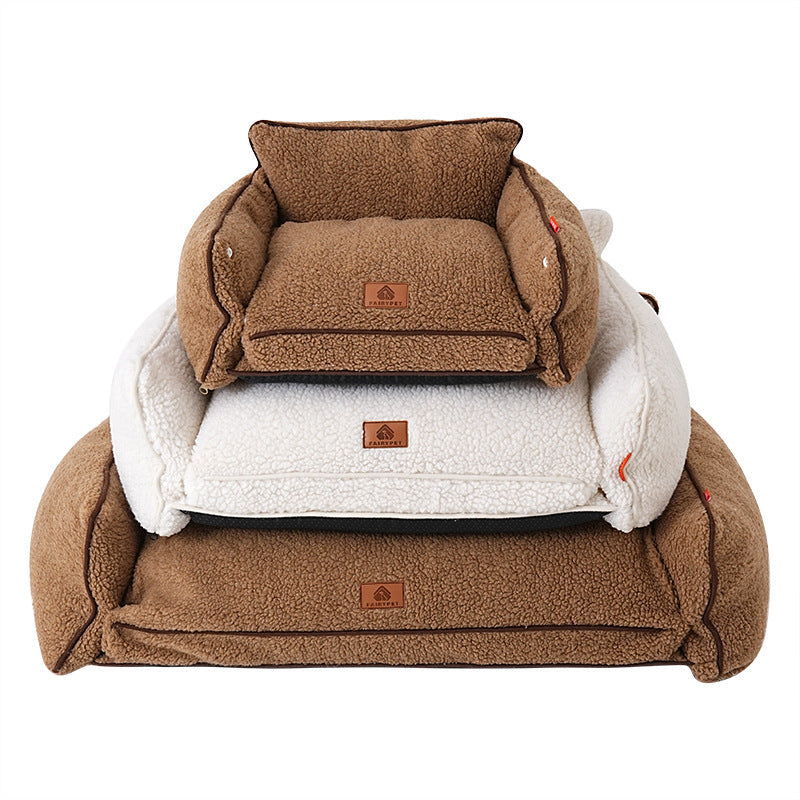 HKM-6938173 Cozy Brown and White Removable Lambswool Pet Bed for Dogs and Cats - All Season Universal Sofa