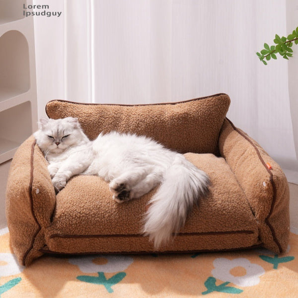 HKM-6938173 Cozy Brown and White Removable Lambswool Pet Bed for Dogs and Cats - All Season Universal Sofa