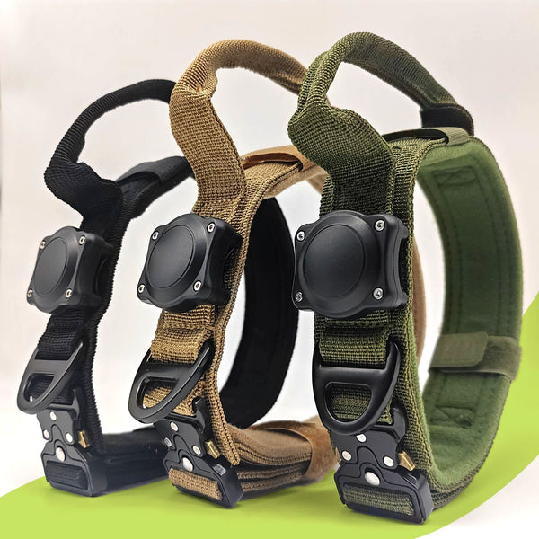 HKM-6938301 Tactical Waterproof Dog Collar with Positioning Ring in Black, Army Green, and Khaki
