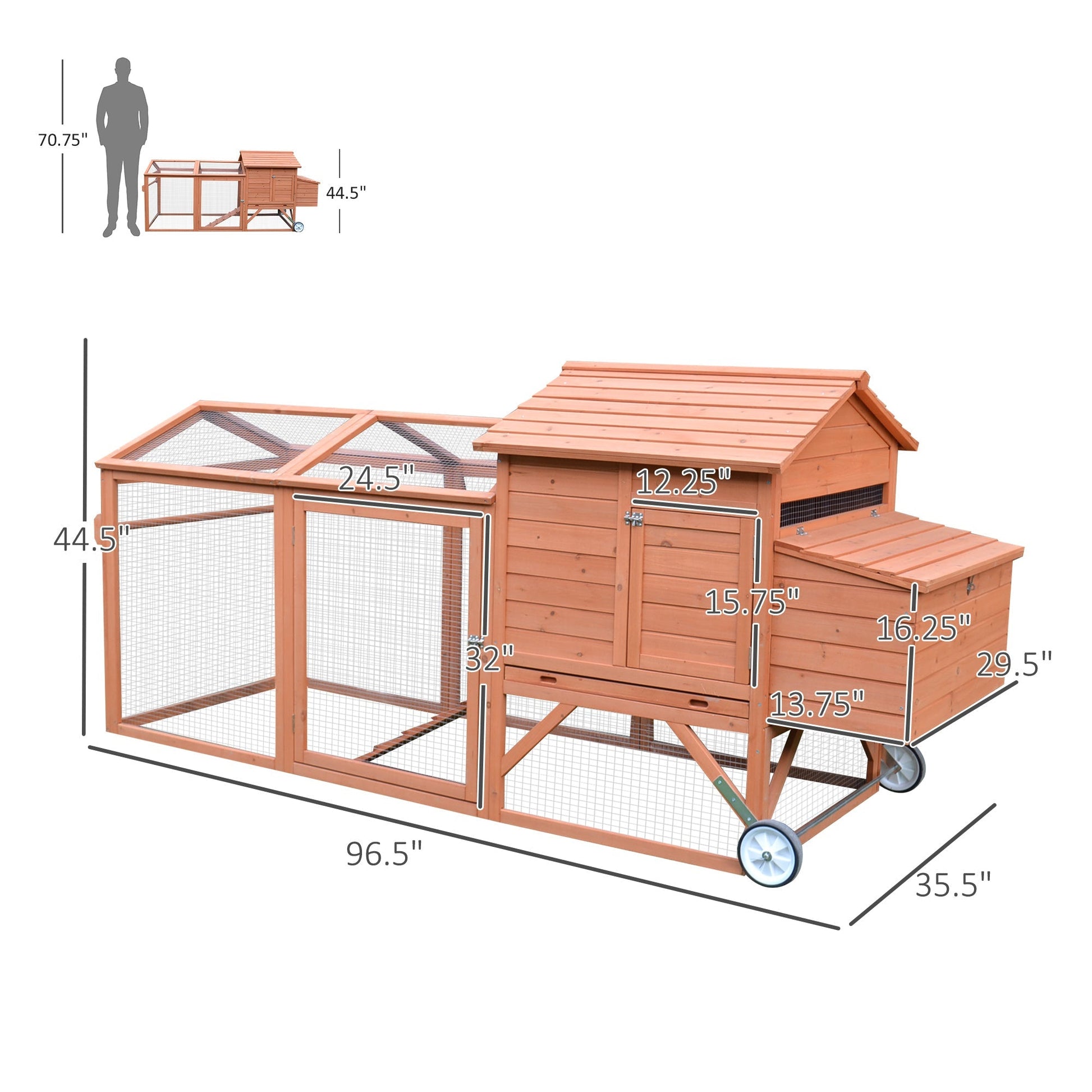 HKM-6939965 Portable Chicken Coop with Wheels and Nesting Box - 96.5" Poultry Cage for Backyard Use