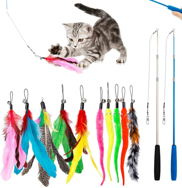HKM-6946877 Handheld Cat Teaser Fishing Rod with 10 Replacement Feather Heads
