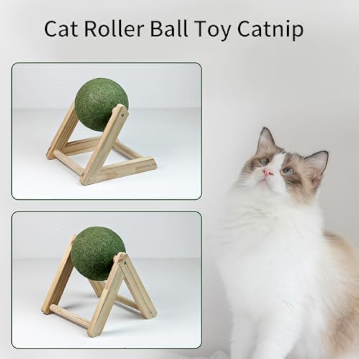 HKM-6949309 Natural Catnip Ball Toy with Wooden Holder for Indoor Cats - Safe and Healthy Catnip Treats