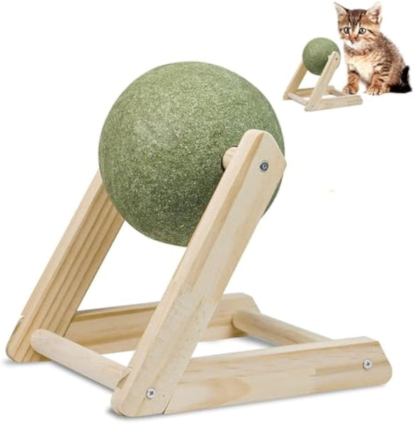 HKM-6949309 Natural Catnip Ball Toy with Wooden Holder for Indoor Cats - Safe and Healthy Catnip Treats