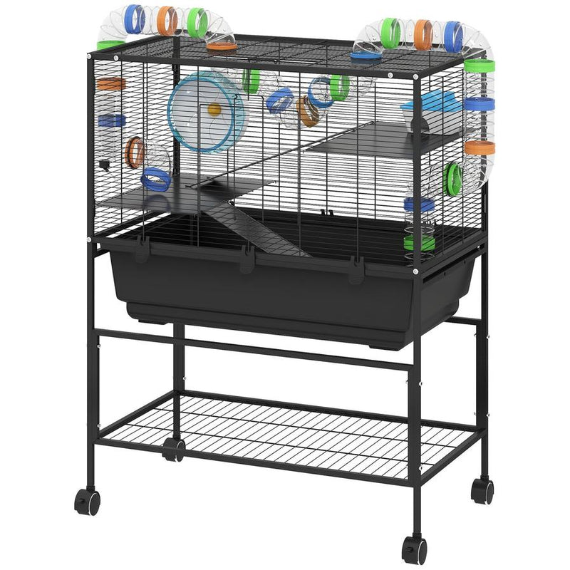 HKM-694995 3-Tier Hamster Cage with Deep Tray, Storage Solutions, Exercise Wheel, Hut, and Tube System