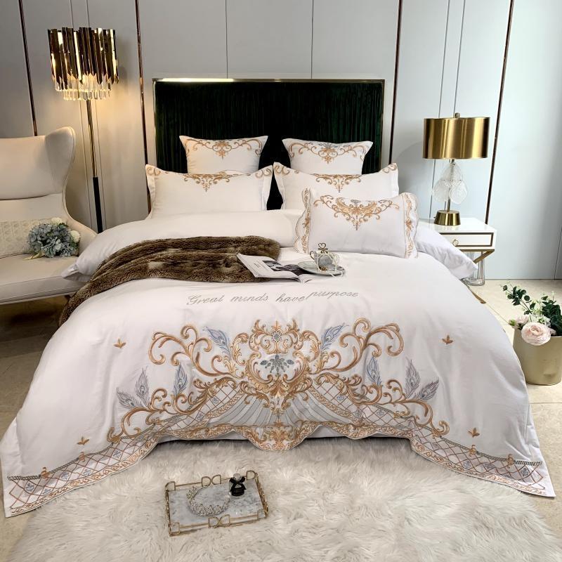 HKM-694995 Luxury Four-Piece Cotton Bed Linen Set with Silk Embroidery, Available in Multiple Sizes