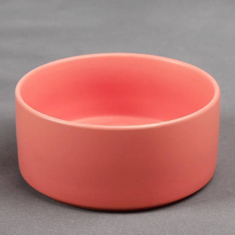 HKM-6953789 Bamboo Frame Monochrome Ceramic Pet Bowl - White, Gray, Dark Green, Frosted Yellow, 15.5cm Diameter
