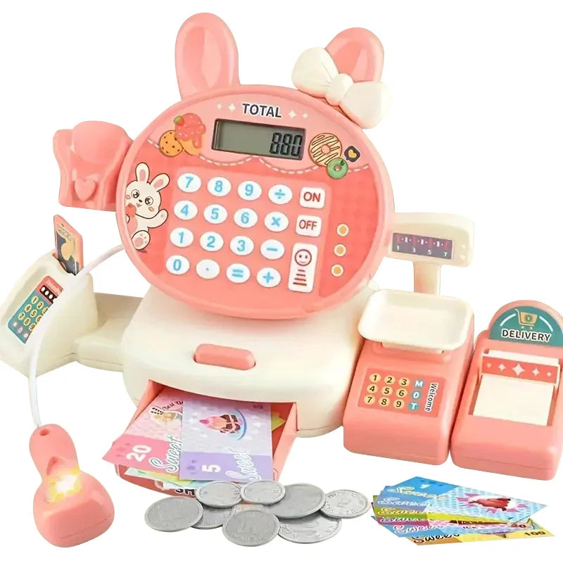 HKM-695507 Kids Electronic Cash Register Toy Set - Pink Supermarket Shopping Playset for Ages 2 to 13