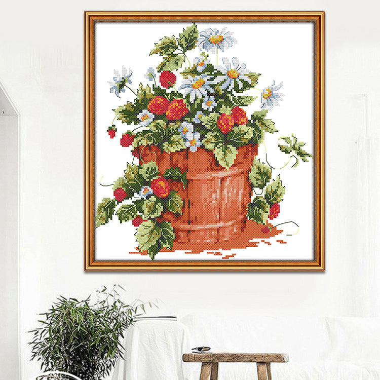 HKM-695827 Strawberry Potted Cross Stitch Kit with Ecological Cotton Thread - Multiple Cloth Counts Available
