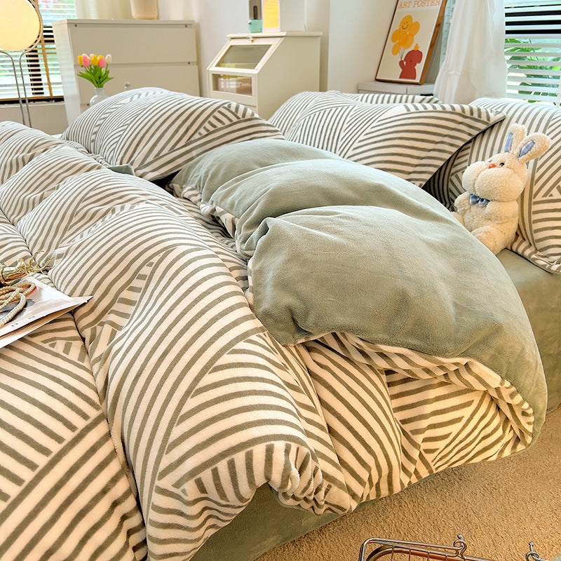 HKM-696147 Milk Velvet Nordic Style Duvet Cover Flannel Bed Sheet Set with Geometric Patterns - Three-piece Collection