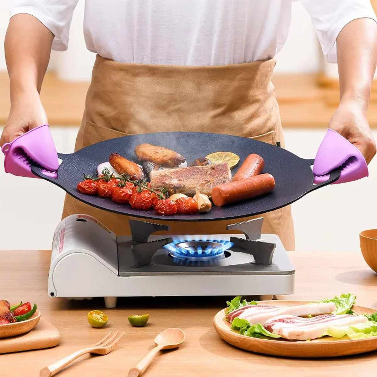 HKM-696339 Smokeless Indoor and Outdoor Metal BBQ Grill Pan with Heat-Resistant Griddle for Roasting and Frying