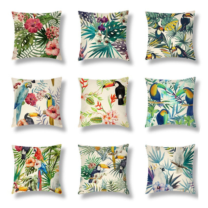 HKM-696531 Tropical Series Linen Cushion Cover with Plant and Flower Print, 45x45cm