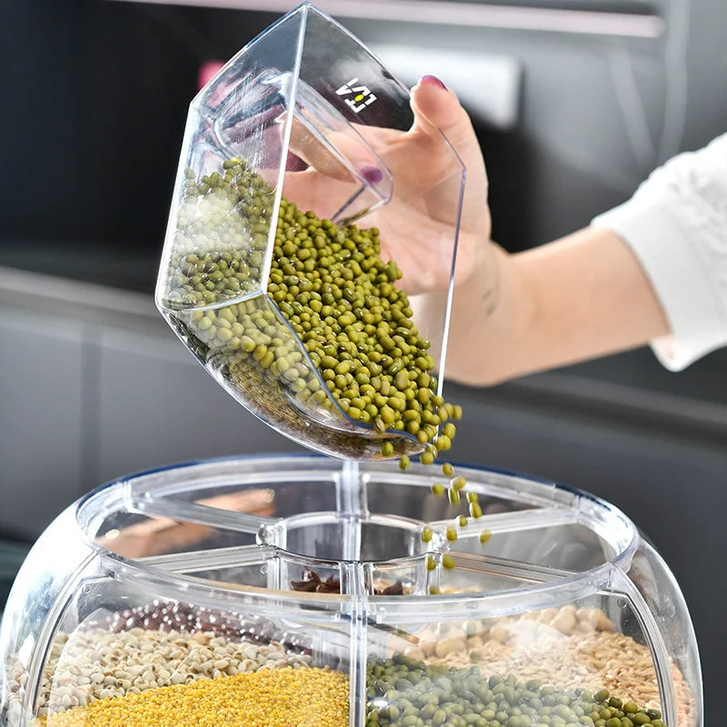 HKM-696723 Moisture-Proof 6-Grid Rotating Rice and Cereal Storage Container