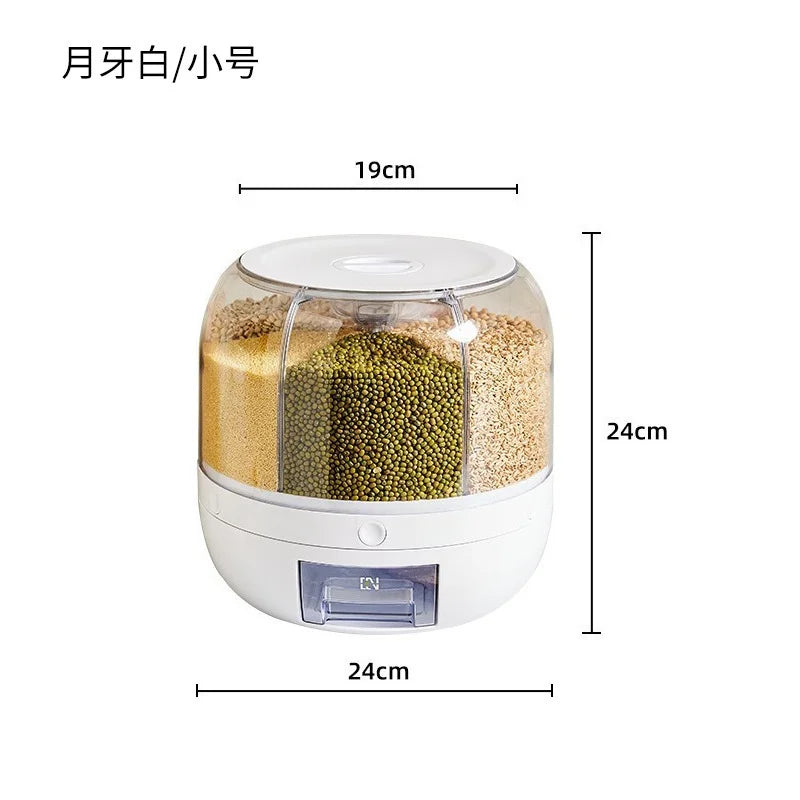HKM-696723 Moisture-Proof 6-Grid Rotating Rice and Cereal Storage Container