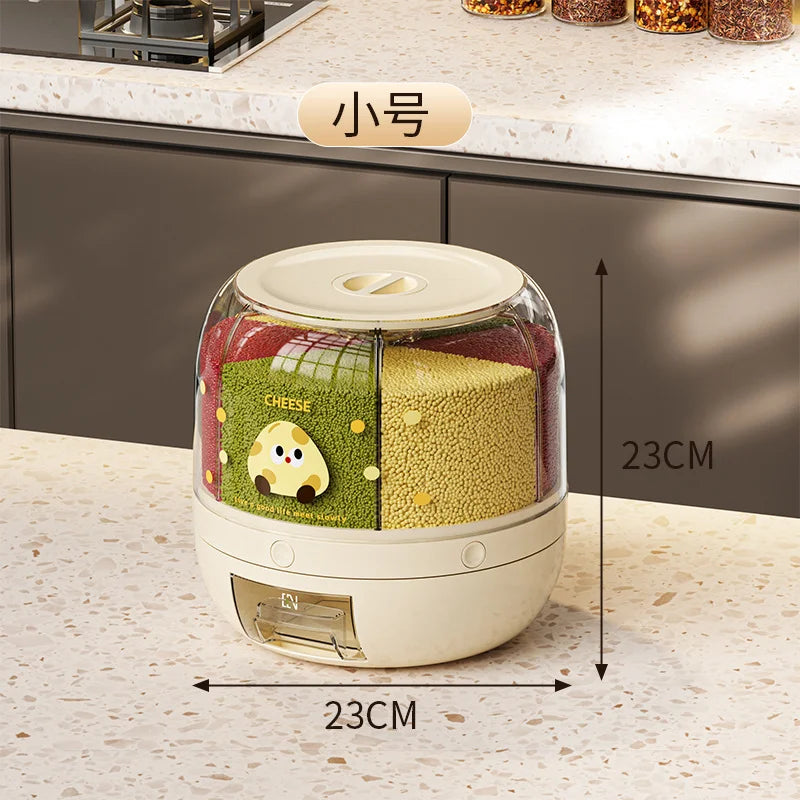 HKM-696723 Moisture-Proof 6-Grid Rotating Rice and Cereal Storage Container