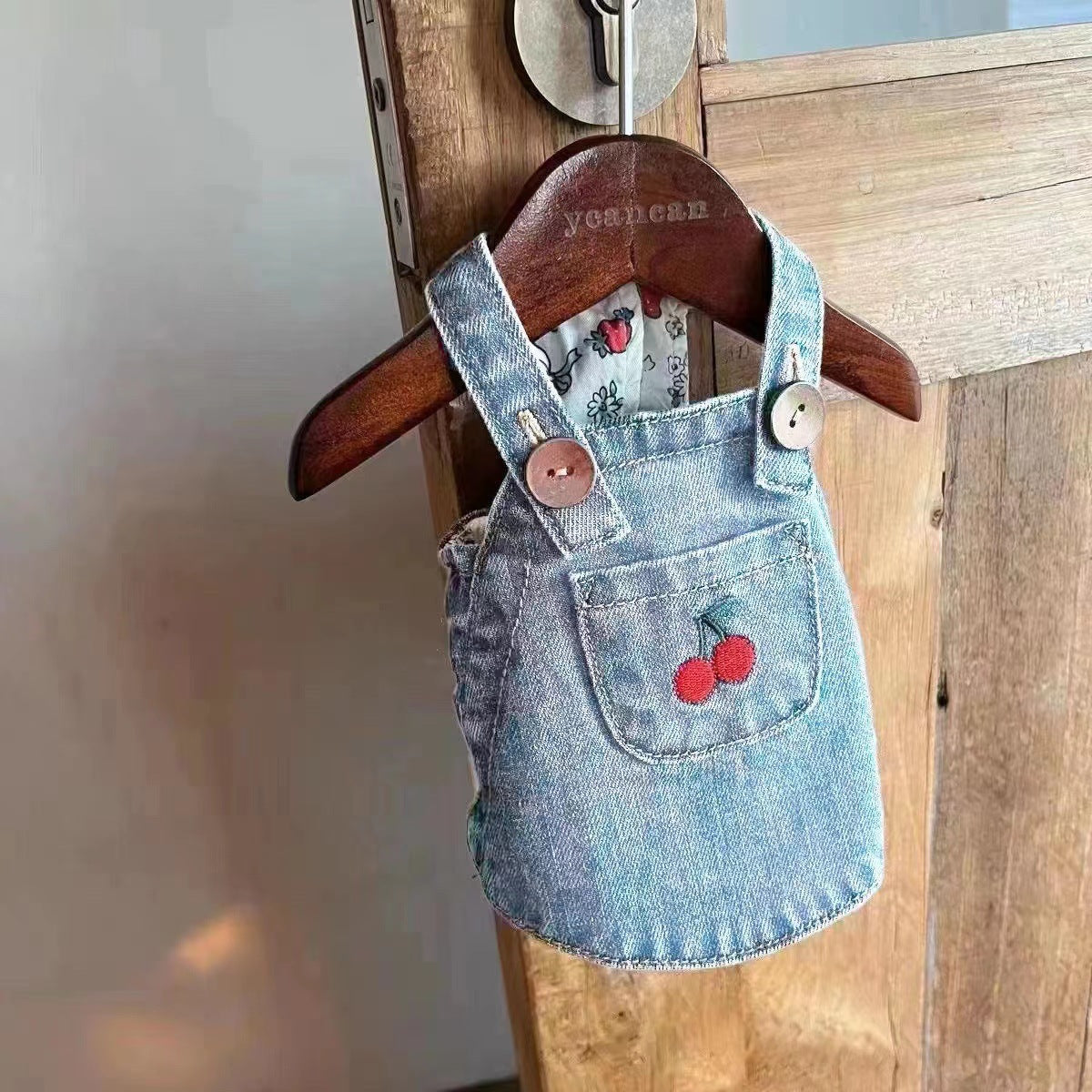 HKM-6967869 Cherry Denim Skirt for Small Dogs and Cats - Lightweight and Stylish Pet Clothing for Spring and Summer