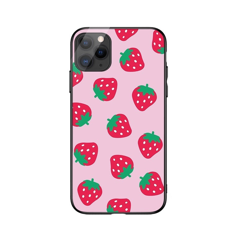 HKM-697235 Cute Pink Strawberry Tempered Glass Phone Case for Apple Models 6/7/8/11/XS Max/XR