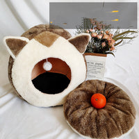HKM-6973117 Removable and Washable Cartoon Cat House for Small Pets - Brown