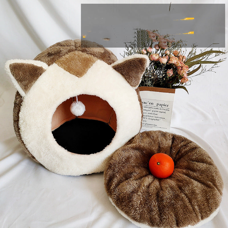 HKM-6973117 Removable and Washable Cartoon Cat House for Small Pets - Brown