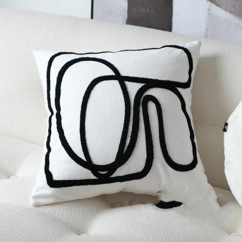 HKM-697363 Modern Black and White Line Embroidered Pillow with Geometric Design, 45x45cm