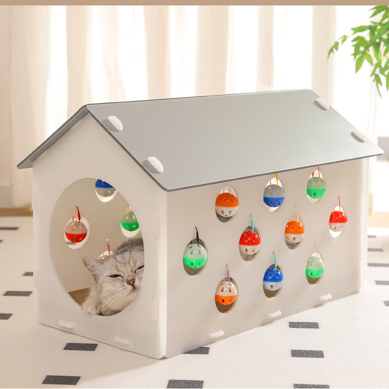 HKM-6974141 Cat Scratch Board with Integrated Nest and Toy Tunnel for Playful Cats
