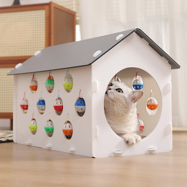 HKM-6974141 Cat Scratch Board with Integrated Nest and Toy Tunnel for Playful Cats
