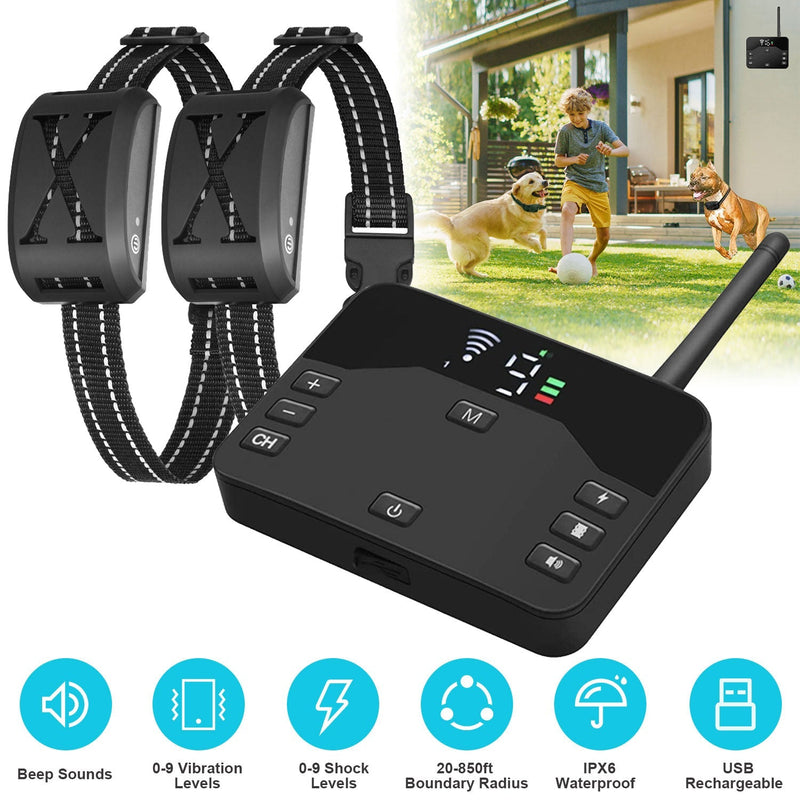 HKM-6974525 Wireless Electric Dog Fence and Training Collar System with Two Receiver Collars for Small to Large Dogs