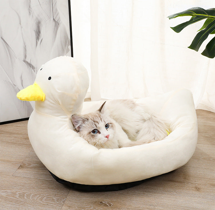 HKM-6976317 Duck-Shaped Fluffy Pet Bed Sofa for Small Dogs and Cats - Soft Polyester, Unique Design, Comfortable Sleeping Nest for All Seasons