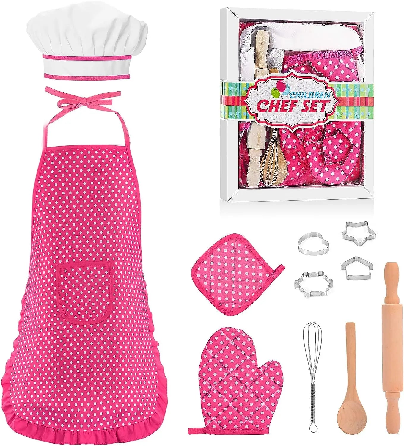 HKM-697811 Kids Apron Set for Cooking and Baking, 11-Piece Cotton Kitchen Playset for Ages 2-13
