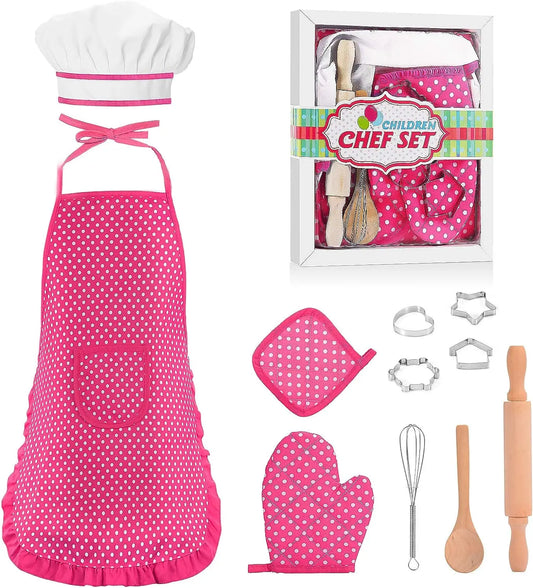 HKM-697811 Kids Apron Set for Cooking and Baking, 11-Piece Cotton Kitchen Playset for Ages 2-13