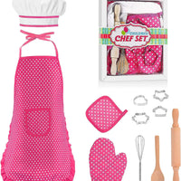HKM-697811 Kids Apron Set for Cooking and Baking, 11-Piece Cotton Kitchen Playset for Ages 2-13