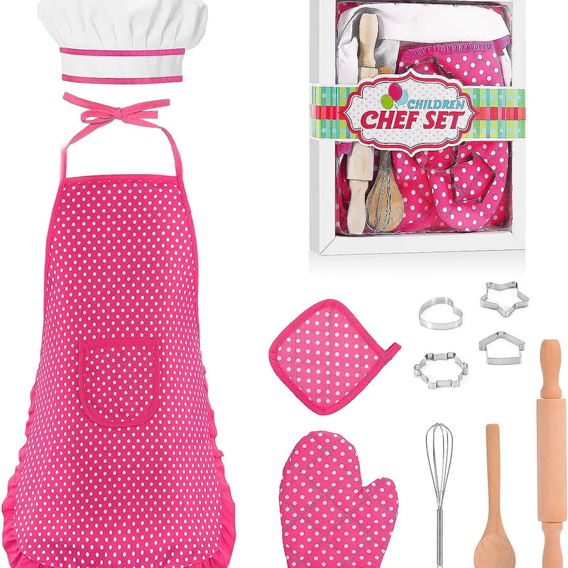 HKM-697811 Kids Apron Set for Cooking and Baking, 11-Piece Cotton Kitchen Playset for Ages 2-13