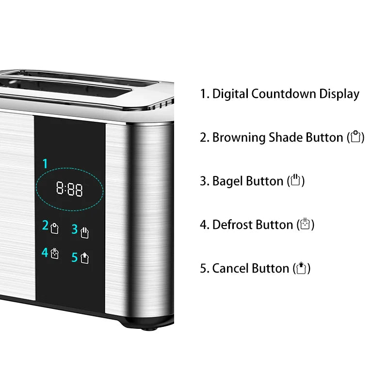 HKM-697875 Digital Touch Screen 2-Slice Toaster with Adjustable Settings