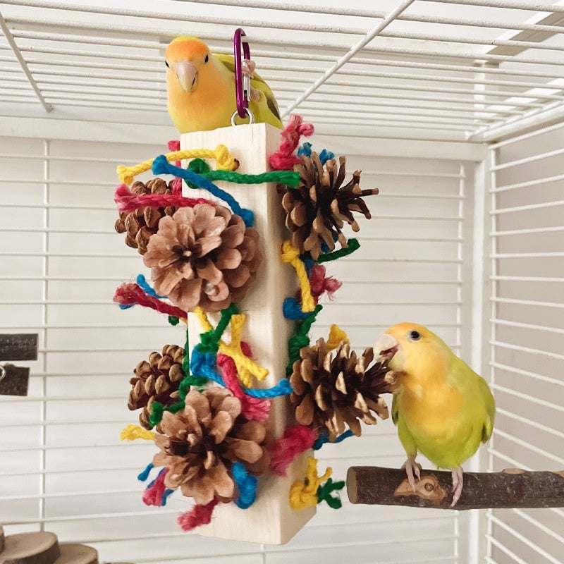 HKM-698067 Solid Wood Parrot Toy Stand with Pine Cone and Colored Hemp Rope for Bird Play and Chewing