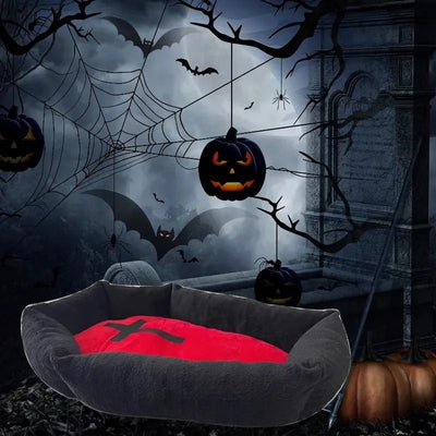 HKM-6983869 Cozy Halloween-Themed Pet Bed for Dogs and Cats - Wooden Design