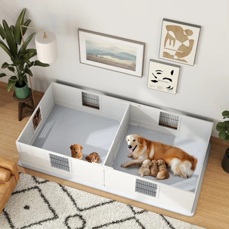 HKM-6984253 Adjustable Two-Room Dog Whelping Box with Washable Pee Pad for Large Breeds