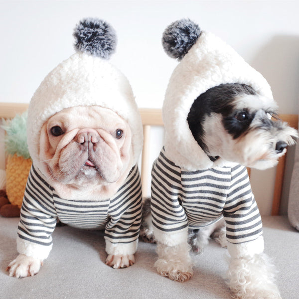 HKM-6985661 Cozy Striped Knitted Hooded Sweater for Dogs - Cotton, Warmth & Casual Style